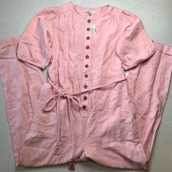 Madewell Linen-Blend Jumpsuit XS Puff-Sleeve‎ Tassel-Tie Pink NWT - Picture 3 of 10